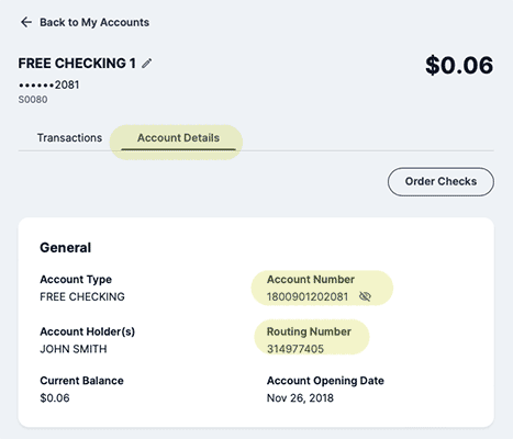 Screen grab showing the 'Routing and Account Number' button